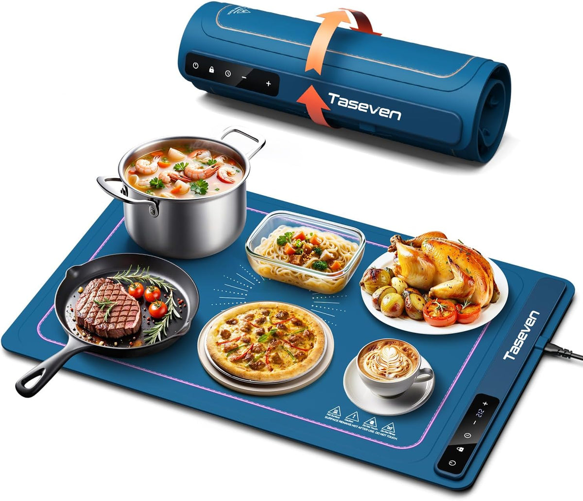 Food Warming Mat,7 Temp,4H Timer,Thermochromic Line,Kids Lock,Blue