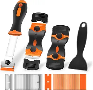 NECAMOCU 4 Pack Razor Blade Scraper, Includes 50 PCS Metal & Plastic Blades