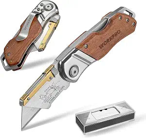 WORKPRO Folding Utility Knife with Belt Clip and Extra 10-piece Blades, Wood Handle Heavy Duty Cutter, Quick-change & Back Lock