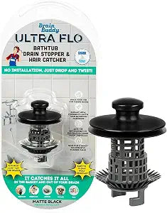 Drain Buddy Ultra Flo No Installation 2 in 1 Clog Preventing Tub Drain Stopper and Hair Catcher for 1 3/8" to 1.5" Bathtubs and Utility Sinks Matte Black Metal Cap