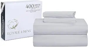 ROYALE LINENS 400 Thread Count 100% American Grown Cotton 3 Piece Sateen Twin Sheet Set - 1 Fitted Sheet, 1 Flat Sheet, 1 Pillow case - Silver Twin Bedsheet - Cotton Sheets - (Twin, Spanish Silver)