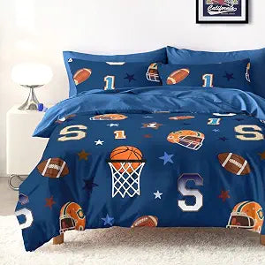 Wake In Cloud - Sports Comforter Set, Cartoon Basketball Varsity Football Helmet Stars Athletic Print for Teen Kids Boys, Soft Lightweight Bedding, 3 Pieces, Navy Blue, Twin/Twin XL Size