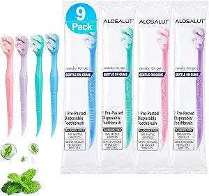 Individually Wrapped Pre-Pasted Mint Disposable Toothbrushes ��� Mini Ultra Soft Bristles Toothbrush - Fluoride Free No Rinsing - 3-in-1 with Floss Pick Tongue Cleaner for Braces Travel Camping