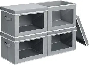 Homsorout Storage Bins with Lids - Fabric Closet Storage Bins with Window, Collapsible Baskets for Shelves 4 Pack, Home Decorative Boxes for Clothes, Closet, Office, Grey