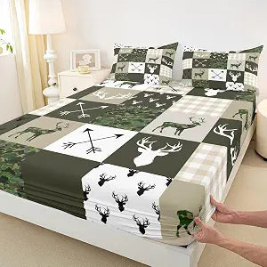 Camo Deer Antlers Kids Fitted Sheet Twin Size,Animal Arrow Silhouette Bedding Set,Girls Boys Adults Bedroom/Xmas Decor,Lattice Patchwork Bed Cover,Boho Army Green Bed Sheet,2pcs,1 Pillowcase