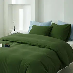FALUCA 100% Washed Cotton Duvet Cover Set King Size 3 Pieces (1 Duvet Cover 104"x92", 2 Pillow Shams) Breathable Durable Soft Comfy Bedding Set for All Season (Dark Green, King)
