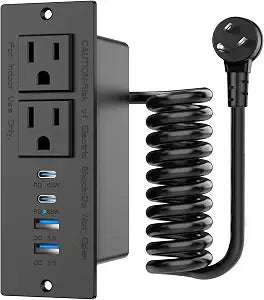 65W Furniture Drawer Outlet Kit, Recessed Outlet with 4 USB Ports & 2 AC Outlets, Recessed Power Strip for Home, Office,14 AWG-10FT Spring Cord