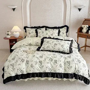 Ruffle Duvet Cover Queen Size, Rose Patterned Bedding, French Country Style Style for Bed Decor, 3PCS - 1 Queen Duvet Cover 90x90 Inch and 2 Pillowcases, Elegant Floral - Black and White