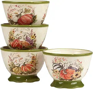 Harvest Morning Set of 4 Ceramic Ice Cream Bowls  Delight in dessert or snacks with charming harvest-inspired bowls featuring pumpkins and fall florals for festive gatherings