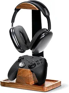 UPERGO Walnut Headphone Stand with Controller Holder & Storage Base