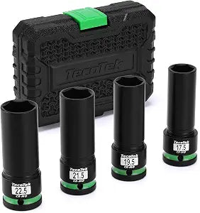 TecoTek 4PCS 1/2" Drive 1/2 Size Thin Wall Lug Nut Socket Set, Half Size Wheel Socket, 17.5mm, 19.5mm, 21.5mm, and 22.5mm, CR-MO, for Damaged, Swollen and Stuck Lug Nuts