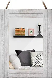 Rectangle Wall Mirror for Bathroom, Distressed White Wood Decor with Hanging Rope for Rustic Home Decor, Vanity, Living Room 12"16"