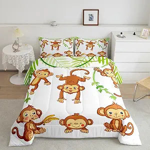 Feelyou Kids Cute Monkeys Bedding Set Cartoon Monkey Banana Decor Comforter for Kids Boys Girls Wild Animal Pattern Comforter Set Natural Wildlife Quilt Set Bedroom Collection 2Pcs Twin Size