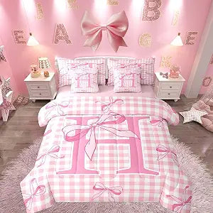 Feelyou Pink Checkered Bow Comforter Set with Sheets 7 Piece King Size Girls Cute Bow Bed in a Bag Kids Boys Girls Personalized Initial H Bedding Set Bedroom Decor