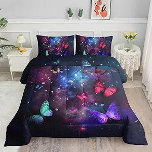 Butterfly Comforter Set for Girls Women,Colorful Butterflies in Space Galaxy Printed Black Bedding Set with 2 Pillowcases(Butterfly Galaxy Twin)