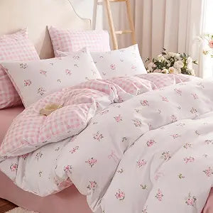 Nayoroom Pink Floral Comforter Set Queen Reversible Pink Gingham Bedding