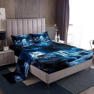 Erosebridal Wolf Bed Sheets Set Full Size for Kids Boys Teen,Moon Lake Decor Bedding Set Starry Sky Sheet Set Exotic Tribal Animal Sheets Wild Wolf with 2 Pillow Cases Blue Flat Fitted Sheet