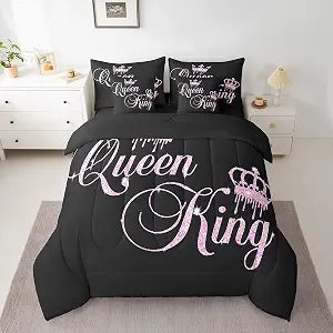 Feelyou Crown Queen and King Couple Bedding Set His and Hers Bed in a Bag for Teens Women Men Black Pink Queen Size,Lover Romantic Valentine's Day Decorations Bed Set All Season(No Glitter)