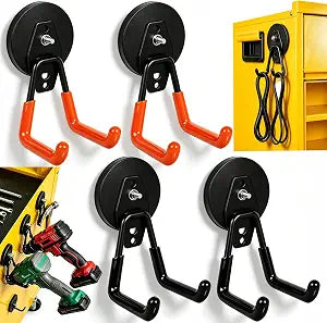 4 Pack Strong Magnet Hooks Heavy Duty, Rubber Coated No Damage Hook for Garage Storage, Dual Hook Design, Large Magnetic Hangers for Tools, Garden, Workshop (Orange2pcs + Black2pcs)