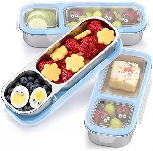 3-Pack Stainless Steel Snack Containers with Lids, 2-Compartment