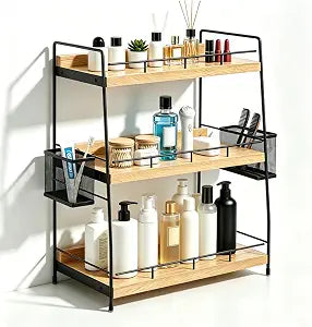 Wood 3 Tier Bathroom Counter Organizer with Side Baskets Fits Tall Bottles