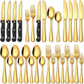 EUIRIO 24 Piece Gold Silverware Set with Steak Knives Food Grade Stainless Steel Flatware Set for 4 Cutlery Utensil Set Mirror Polished Dishwasher Safe for Home Restaurant