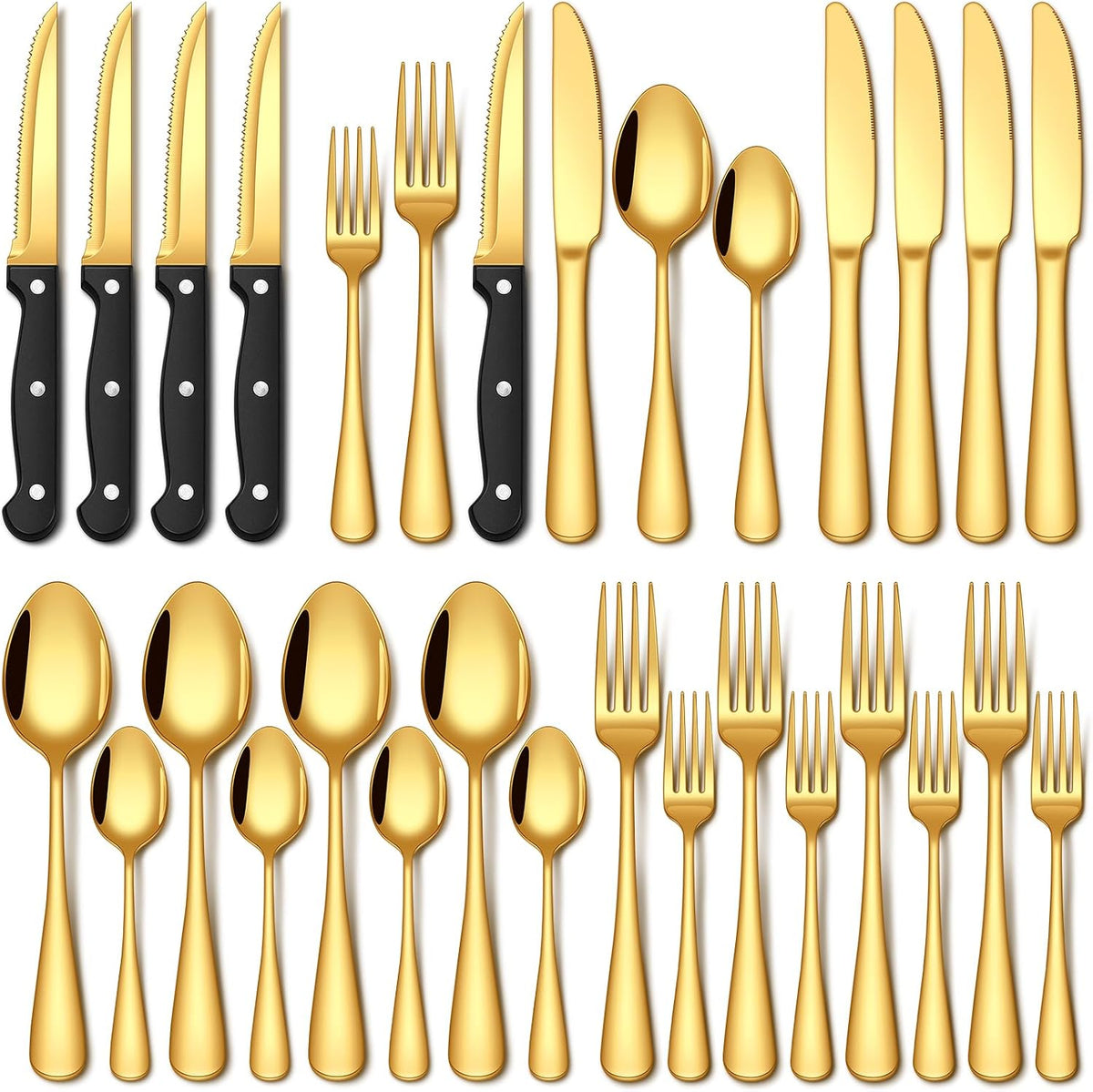 EUIRIO 24 Piece Gold Silverware Set with Steak Knives Food Grade Stainless Steel Flatware Set for 4 Cutlery Utensil Set Mirror Polished Dishwasher Safe for Home Restaurant