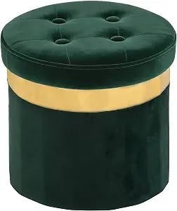 xuperbonus Small Ottoman with Storage,Folding Round Ottoman with Gold Trim,Velvet Storage Stool,Foot Stool with Soft Padded,Foot Rest for Living Room13x13x12.4(Green,1pcs)