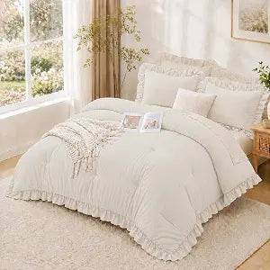 Twin Comforter Set 2 Pieces Beige Ruffle Bedding Set