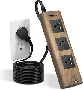 TOPREK Power Strip Surge Protector (1800J), 10 FT Flat Extension Cord with Ultra Thin Flat Plug, 3 Widely-Spaced Outlets with 1 USB-C & 1 USB-A, Wood Finish USB Charging Station for Home, Office, Dorm
