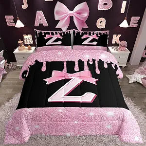 Feelyou Pink Bow Comforter Set Twin Size Initials Decor Bedding Set