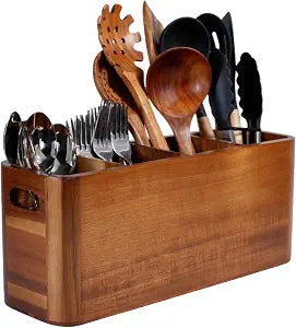 Wooden Kitchen Utensil Holder Organizer for Counter or Countertop, Large Wooden Utensil Holder for Storage Cooking and Silverware with 4 Compartment, Acacia Rustic Wood Container Extra Large