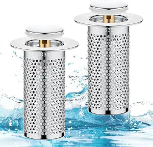 2Pcs Upgraded Universal Pop Up Bathroom Sink Drain Stopper, Press-to-Seal Water Storage, Stainless Steel Filter, Anti-Odor and Anti-Clog Hair Catcher, Fits 1.1-1.5 Inch Washbasin Drains