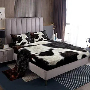 jejeloiu Cow Fur Print Bed Sheets Set King Size 4Pcs Soft