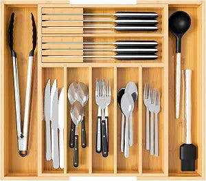 Dunruz Bamboo Expandable Drawer Organizer for Kitchen Utensils, Adjustable Silverware Tray with 9 Deep Slots for Large Spoons & Knives, Natural Wood Flatware Caddy for Cutlery Storage (Fits 13"-20")