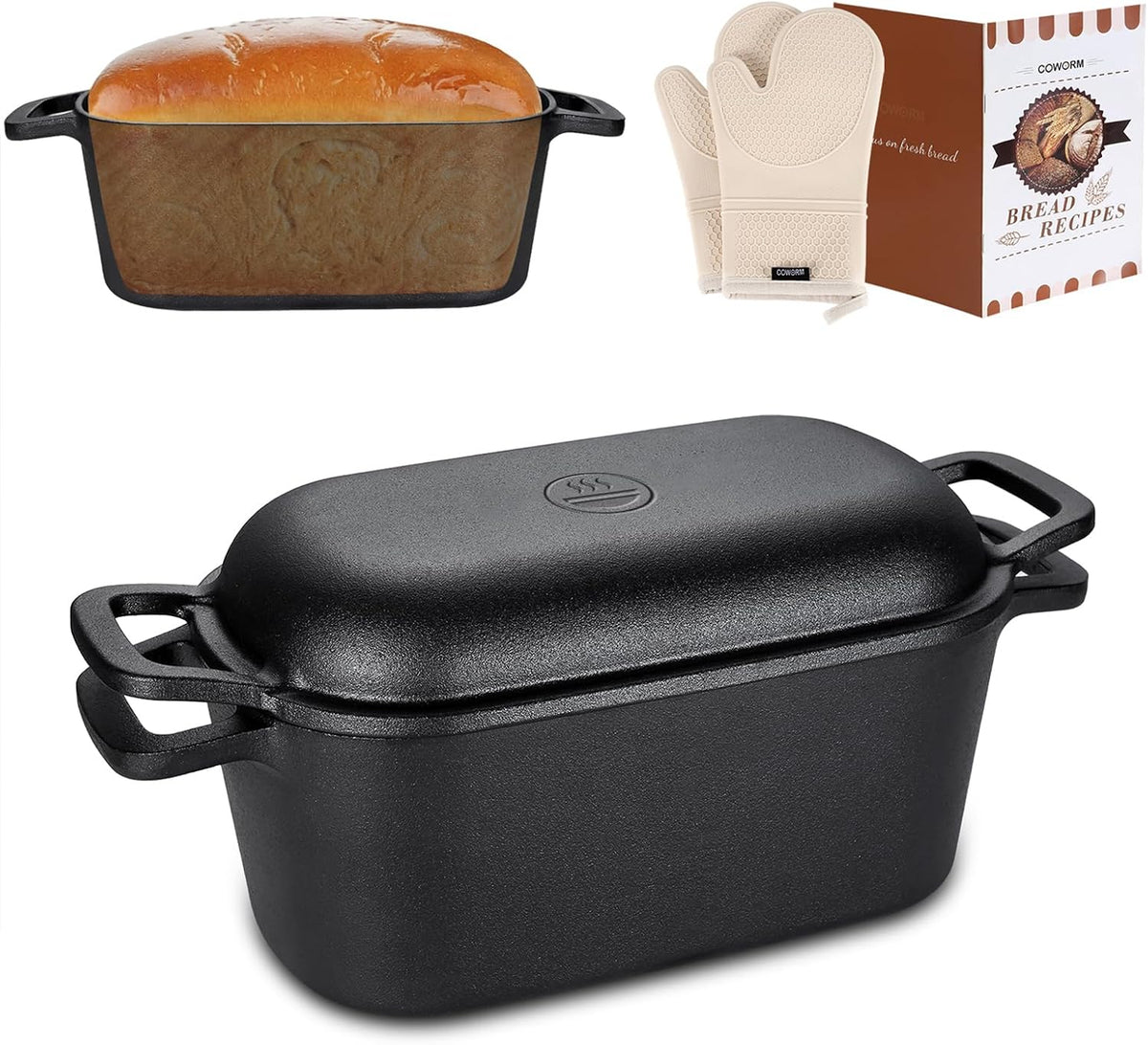 3.6 QT Cast Iron Loaf Bread Pan with Lid, Oval Dutch Oven for Bread Baking