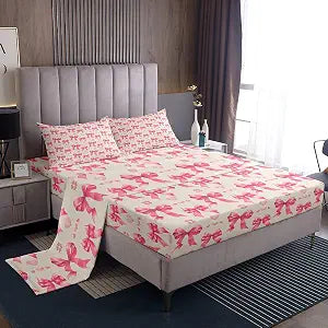 Manfei Cute Bowknot Fitted Sheet Set Full Size 4 Pcs,Dreamy Pink Bow Princess Style Teens Sheets,Watercolor Love Hearts Graffiti Girly Bedding Sets (1 Fitted,1 Flat,2 Pillowcases) Bed Sheets