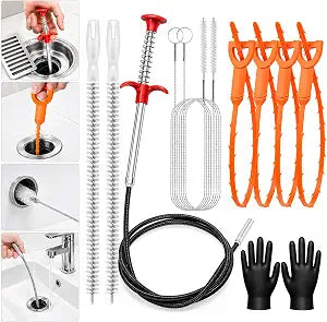 10PCS Drain Snake Kit, 63" Heavy Duty Plumbing Auger, 60" Sink Snake Brush, 20" Clog Remover, 18" Cleaning Brush with Gloves, Pipe Cleaner for Kitchen Sink, Bathtub, Toilet, Sewer Drainage