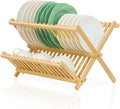 Bamboo Dish Drying Rack, Collapsible 2-Tier Dish Drainer Kitchen Plate Rack for Kitchen Countertop Foldable