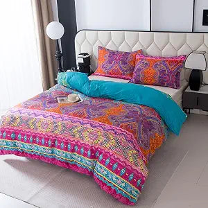 Boho Pattern Printed Duvet Cover and Pillowcase Set,Soft Printed Microfiber Comforter Cover with Corner Ties. (Red Boho, Twin)