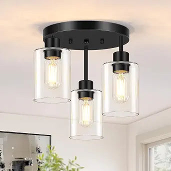 Farmhouse Flush Mount Ceiling Light, Black 3-Light Hallway Light Fixtures Ceiling with Clear Glass Shades, Light Fixtures Ceiling Mount for Kitchen Living Room Foyer, E26 Base