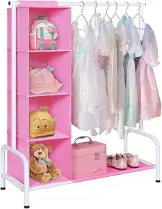 Univivi Kids Clothing Rack with Hanging Organizer, 43 Inch, Pink and White