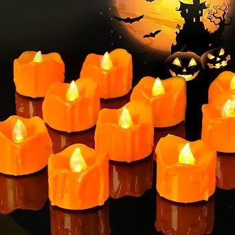 Halloween 12 Pack Orange Tea Lights, Small Dripping Candles, Battery Operated LED Tealights, Mini Pumpkins Lights with Warm White Bulb, Flameless, Electric Fake Tea Candles Realistic for Halloween