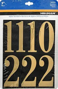 Hillman House Numbers, 3in, 1 Pack, Gold on Black Reflective