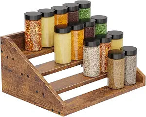 4 Tier Wood Spice Rack Organizer for Cabinet, Super Sturdy Display Riser Shelf Seasoning Organizer for Countertop Pantry Cupboard, Retro Storage Holder for Kitchen Condiment Jar Spice Container