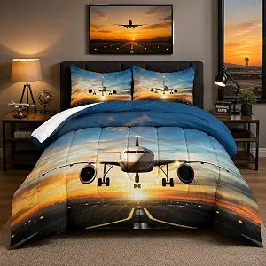 Raphus cucullatus Airplane Comforter Set Twin,Airplane Bed Set,Twin Airplane Bedding Sets for Boys,Outer Space Bedding Sets for Boys,Landscape Bed Comforter,Road Trip Comforter