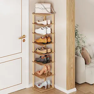 8 Tiers Vertical Shoe Rack, Tall Narrow Shoe Tower Corner Shoe Rack, Walnut