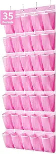SAVERHO 35 Pockets Over the Door Shoe Organizer, Hanging Shoe Organizer for Door with 35 Mesh Pockets Large Capacity Shoe Hanging Storage Bag with 4 Metal Hooks (Pink-1Pack)
