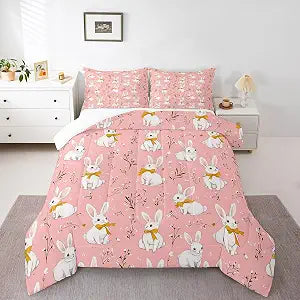 Feelyou Cute Rabbit Bedding Set Cartoon Bunny Pink Decor Comforter Set for Kids Boys Girls Lovely Little Floral Rabbit Comforter Botanical Animal Quilt Set Room Decor 2Pcs Twin Size