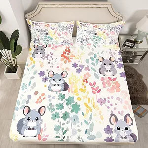 Erosebridal Cute Chinchilla Twin Fitted Sheet,Colorful Flower Chinchilla Kawaii Bedding Set for Kids Girls Boys,Rainbow Floral Leaf Plant Bed Set Animal Print Bottom Sheets 2Pcs
